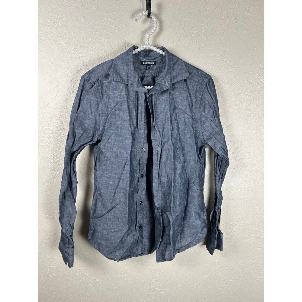 Express Linen Button Up Shirt Mens Size XS Blue Chambray Western Stagecoach Top